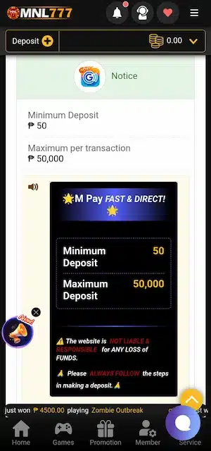 Step 3: Enter the amount you want to deposit MNL777, and the e-wallet payment gateway will open.