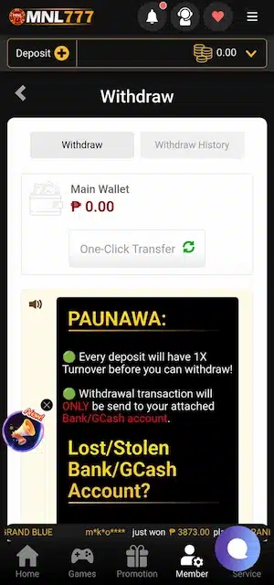 Step 3: requirement of MNL777 for withdrawal